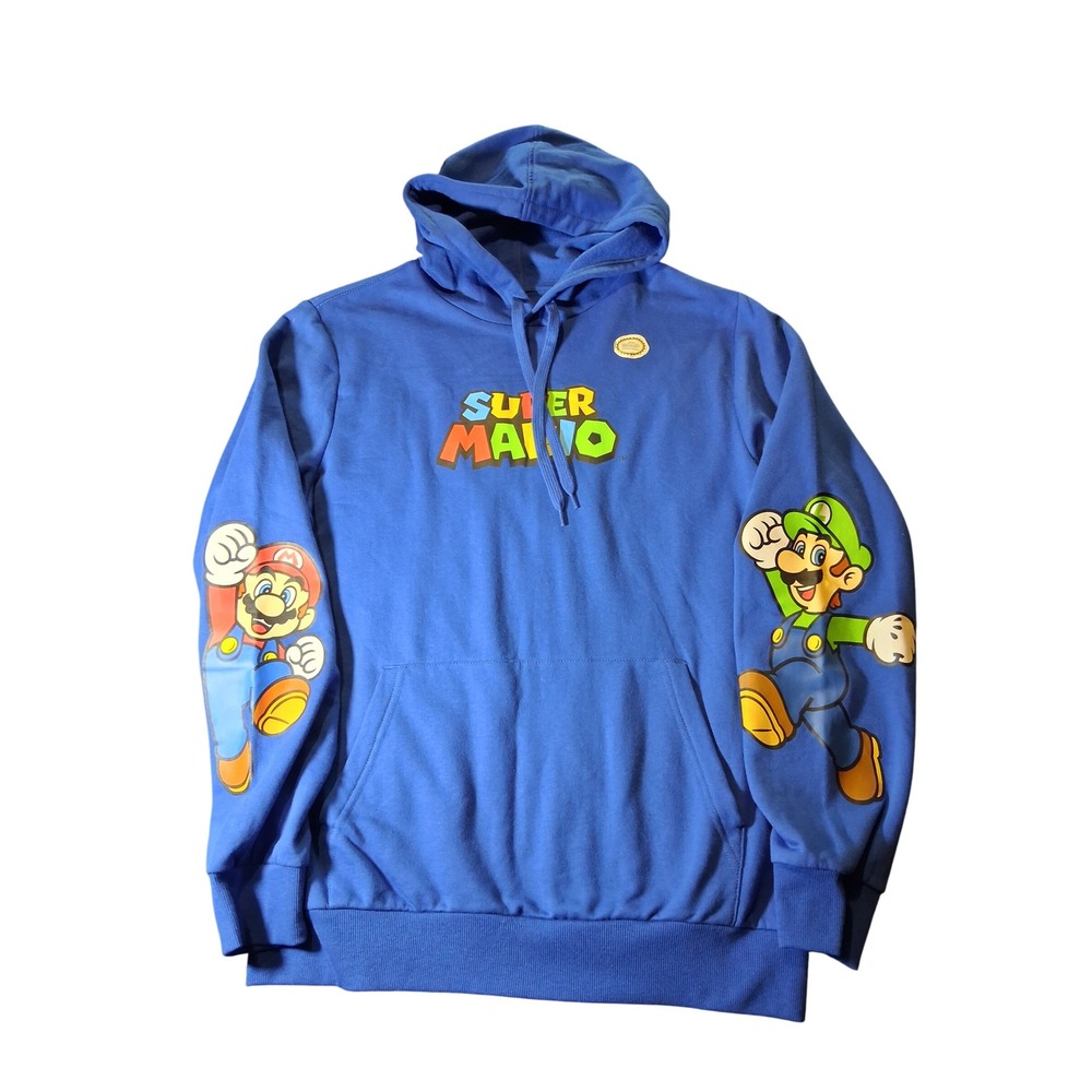 Nintendo Super Mario Bros Hoodie Mens Medium Blue Mario Luigi Sleeve Graphic NWT